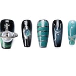 gothic coffin nails displaying black and teal gradient, silver orb embellishment, pearl accent, and metallic chain details