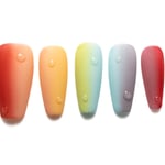 Medium-length coffin press-on nails featuring vibrant rainbow ombre design transitioning through red, orange, yellow, green, blue, and purple