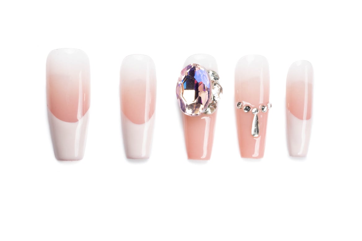 Medium coffin press-on nails with pink french tip ombre design and luxury rhinestone accents