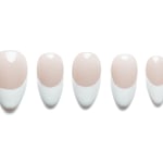 Almond-shaped press-on nails with soft pink base and classic French tip design, perfect for elegant everyday wear