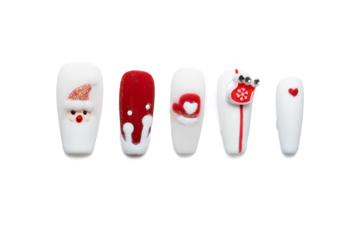 Medium coffin Christmas press-on nails with Santa faces, snowflakes, winter hats, and sparkling rhinestone accents in festive red and white