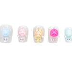 Short squoval press-on nails featuring 3D pastel turtles on shimmering white base, perfect for everyday wear