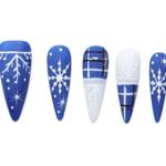 Winter snowflake press-on nails in blue and white with almond shape and silver accents, perfect for holiday season