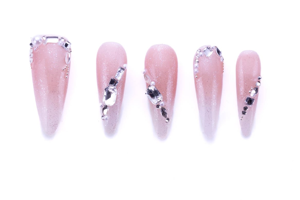 Pink ombre press-on nails with rhinestones and pearl accents - Rosé Radiance collection by Artpresson