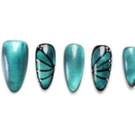 Shimmering teal almond-shaped press-on nails with black butterfly wing accents