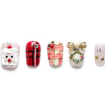 Christmas-themed coffin press-on nails featuring Santa face design, red plaid pattern, crystal-adorned 3D bow, and festive glitter embellishments