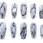 White coffin press-on nails with silver branch patterns and iridescent opal accents, featuring crystal embellishments