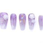 Medium coffin press-on nails with purple ombre gradient, decorative 3D white roses, and sparkling silver accents for a romantic manicure