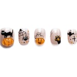 Short round Halloween press-on nails with cute spooky designs including black cats, pumpkins, ghosts, and bats on neutral base