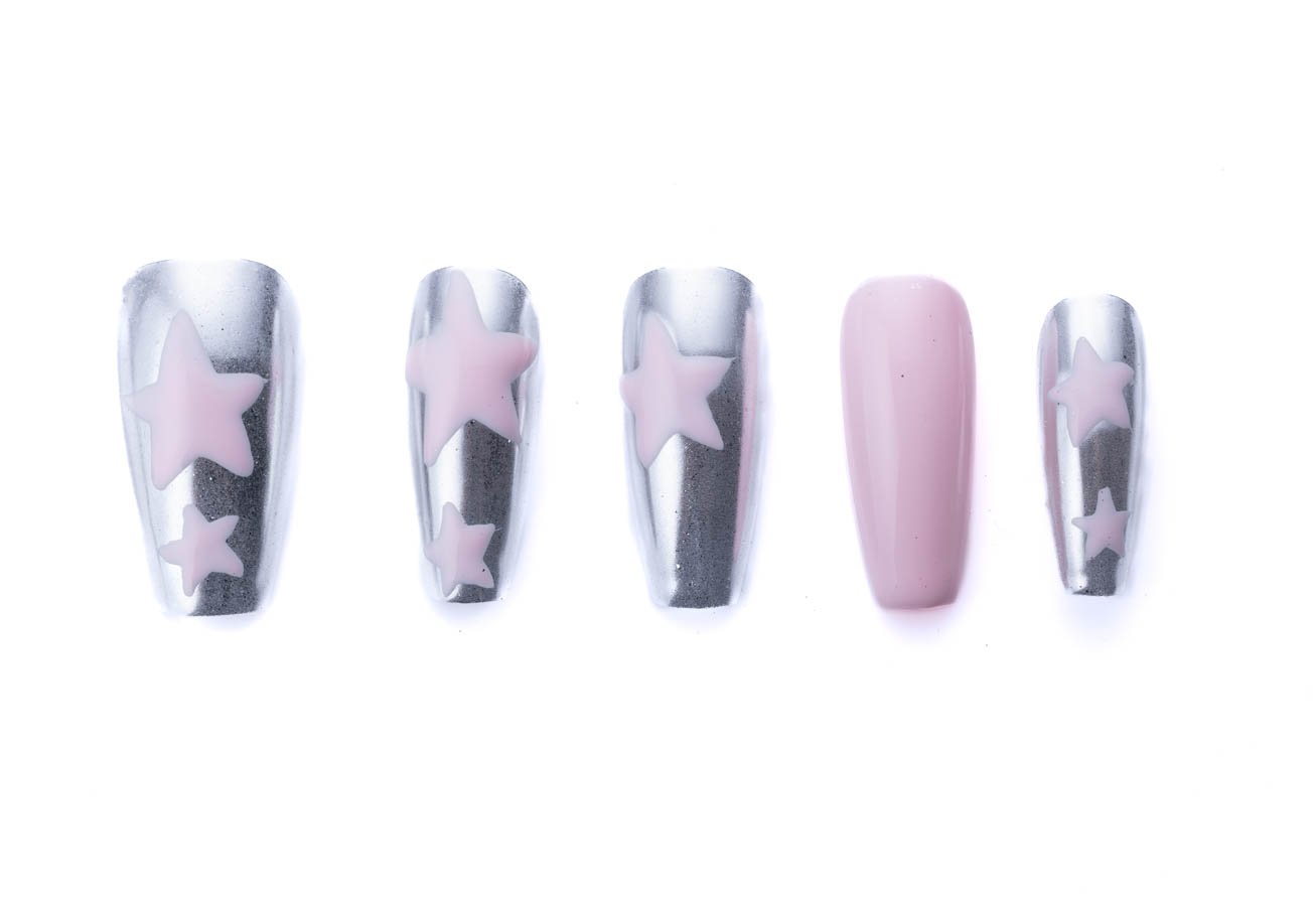 Pink and silver coffin-shaped press-on nails with star accents