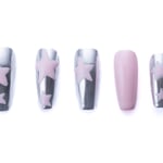 Pink and silver coffin-shaped press-on nails with star accents