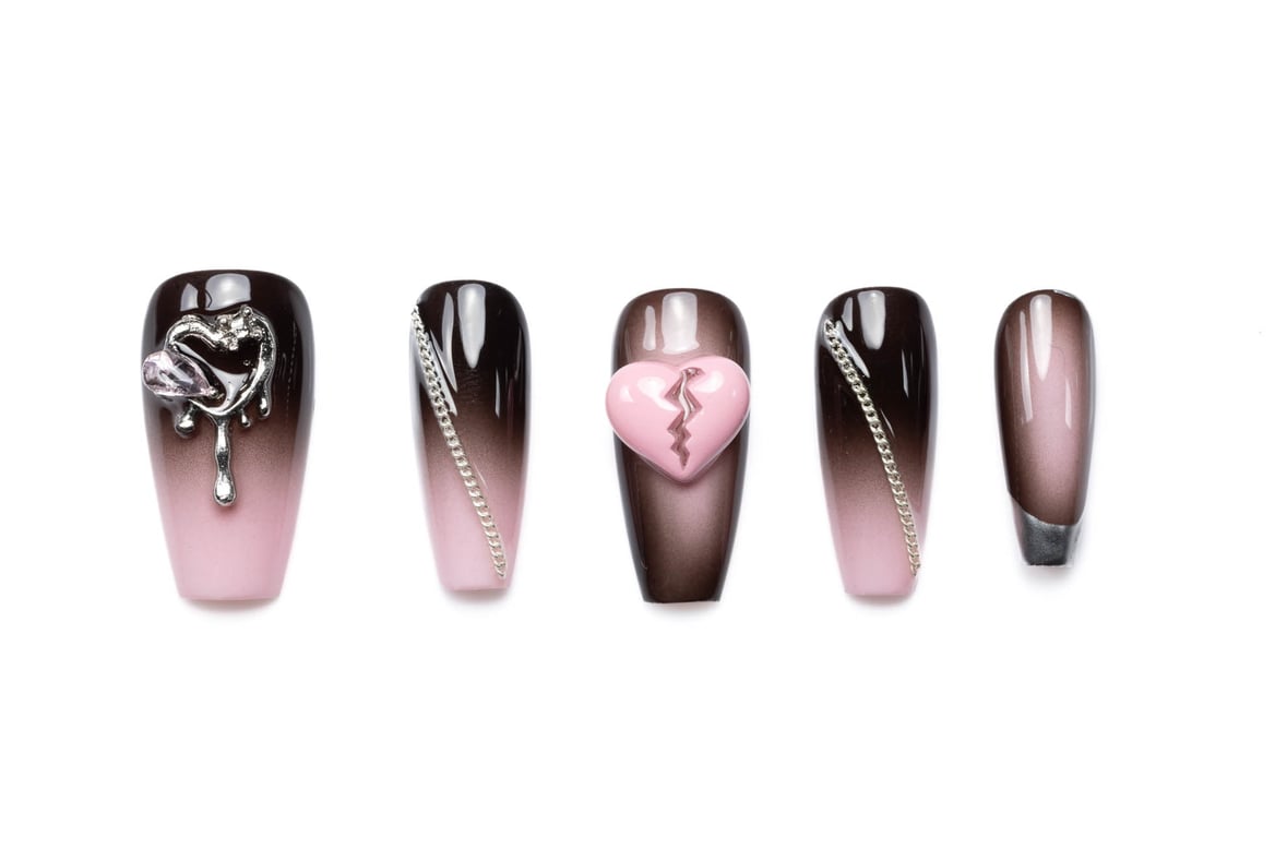 Dark ombre coffin press-on nails with 3D broken heart design, silver chains and rhinestone accents