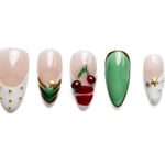 French tip almond press-on nails with cherry designs and pearl accents, medium length with gold star embellishments