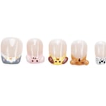 Short squoval press-on nails with cute animal designs on natural base, featuring kitten, puppy, bunny and chick patterns