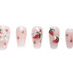 Short coffin press-on nails with pink base and hand-painted strawberries, decorated with 3D flowers and rhinestone accents