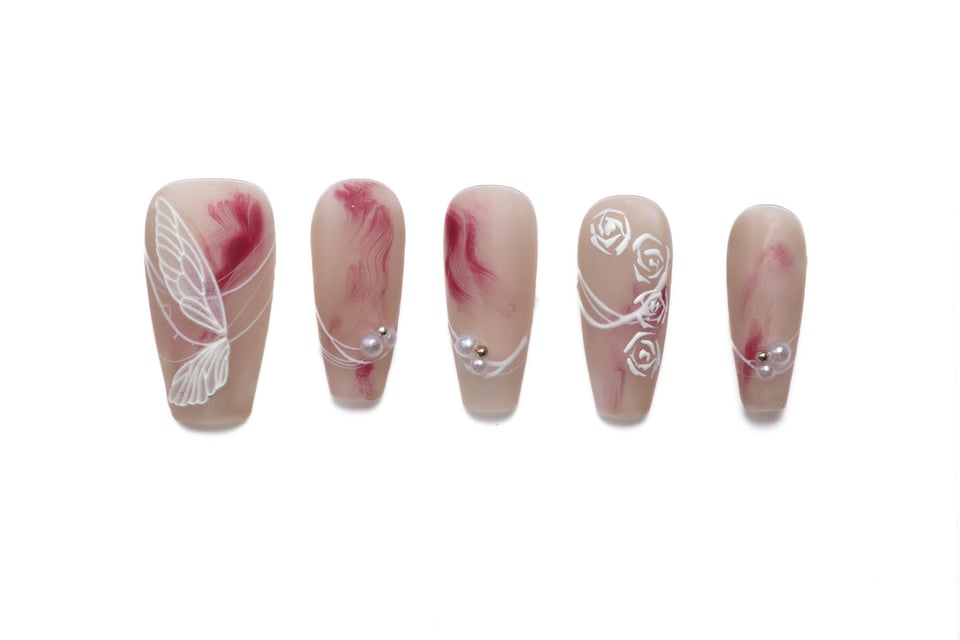 Romantic Butterfly Coffin Nails Pearls