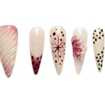 Stylish stiletto press-on nails with floral, leopard print, and abstract designs in pink, nude, and burgundy summer colors