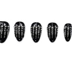 Set of five glossy black almond-shaped press-on nails decorated with vertical cascading rhinestone patterns on white background