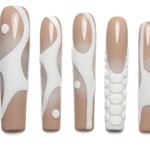 Extra Long coffin press-on nails with 3D textured abstract design in nude and white, perfect for baddie aesthetic