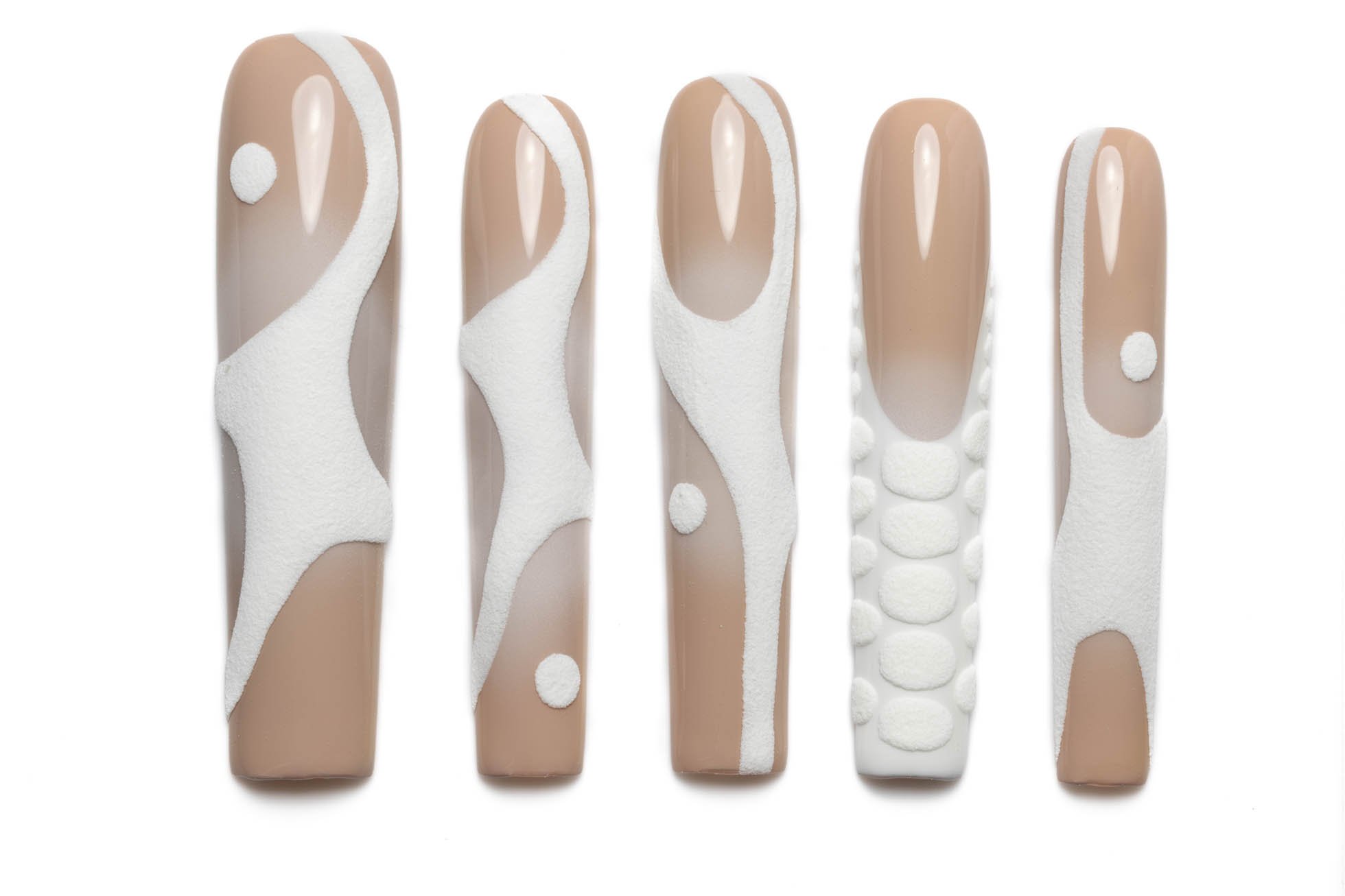 Extra Long coffin press-on nails with 3D textured abstract design in nude and white, perfect for baddie aesthetic